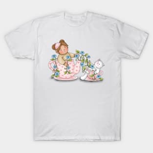 Girl And Cat Inside Tea Cup T-Shirt